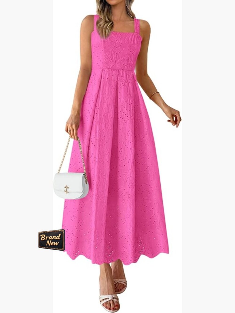 Sleeveless Eyelet Maxi Dress with Pockets, Adjustable Straps, Ruffle A-Line,